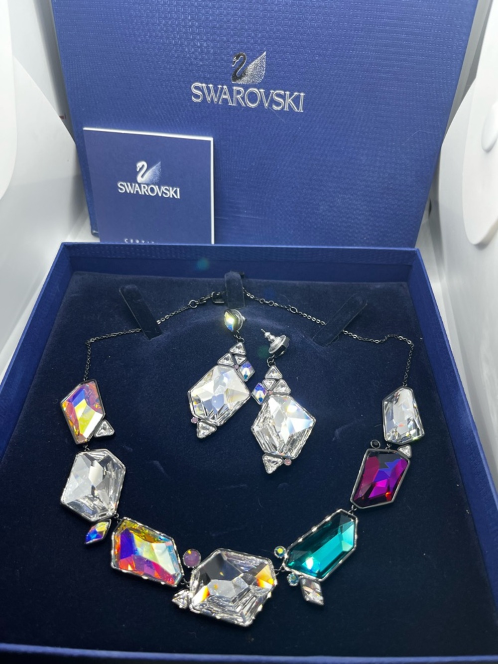 Vintage Swarovski Iridescent Multicolor Crystal Necklace with Matching Earrings